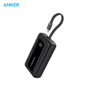 Anker Zolo Power Bank 10,000mAhk in black with a built-in USB-C cable and digital battery percentage display, shown on a white background with the Anker logo in the top left corner.