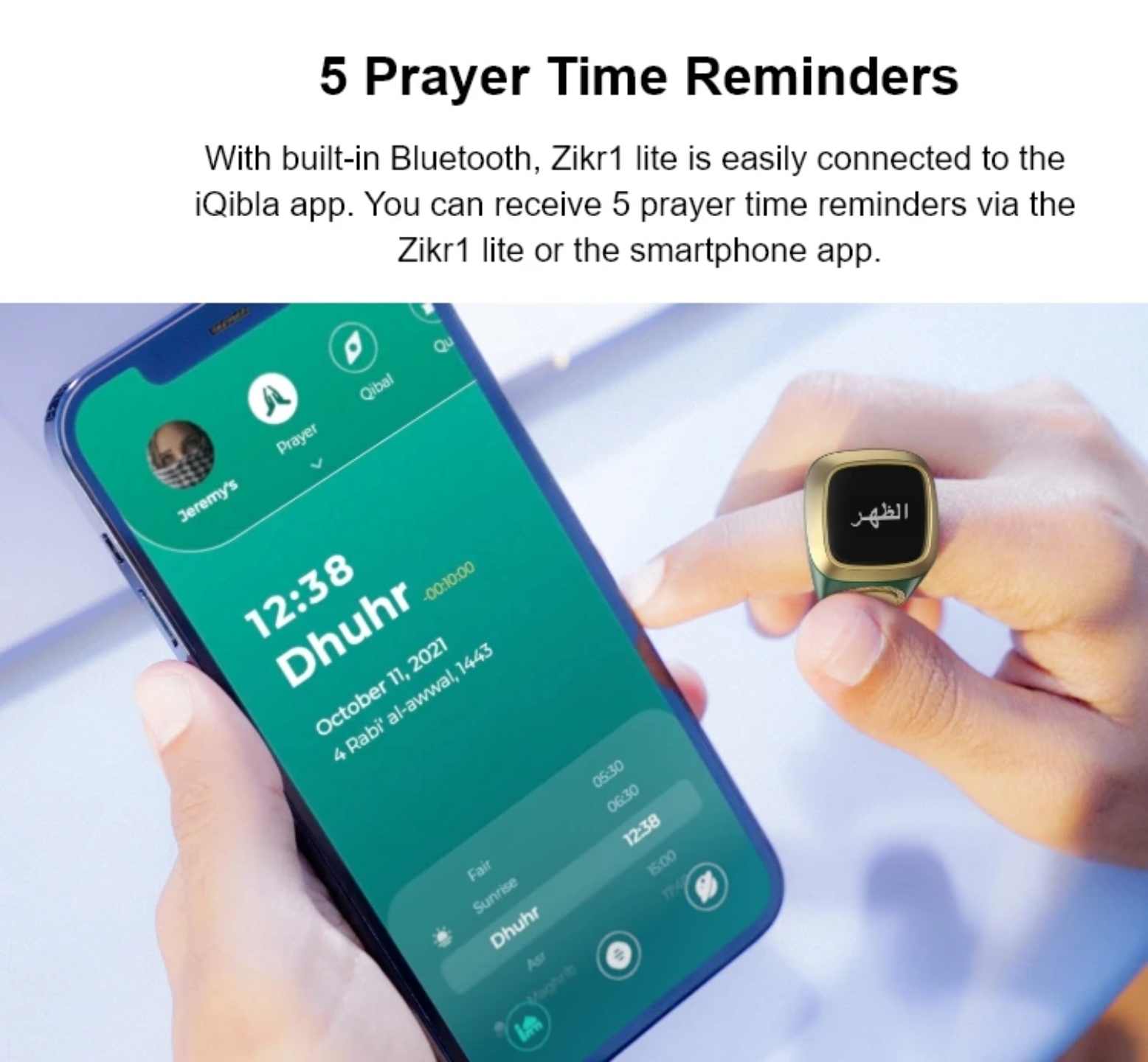 A Person is Holding Smart Tasbih Ring Counter by Connecting to Mobile App.