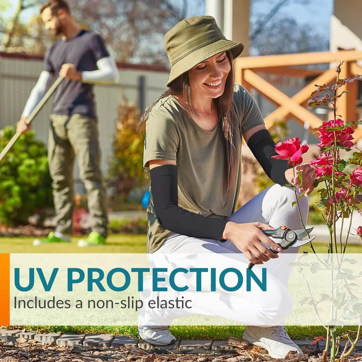 A Couple Is Wearing Arm Sleeves While Gardening.