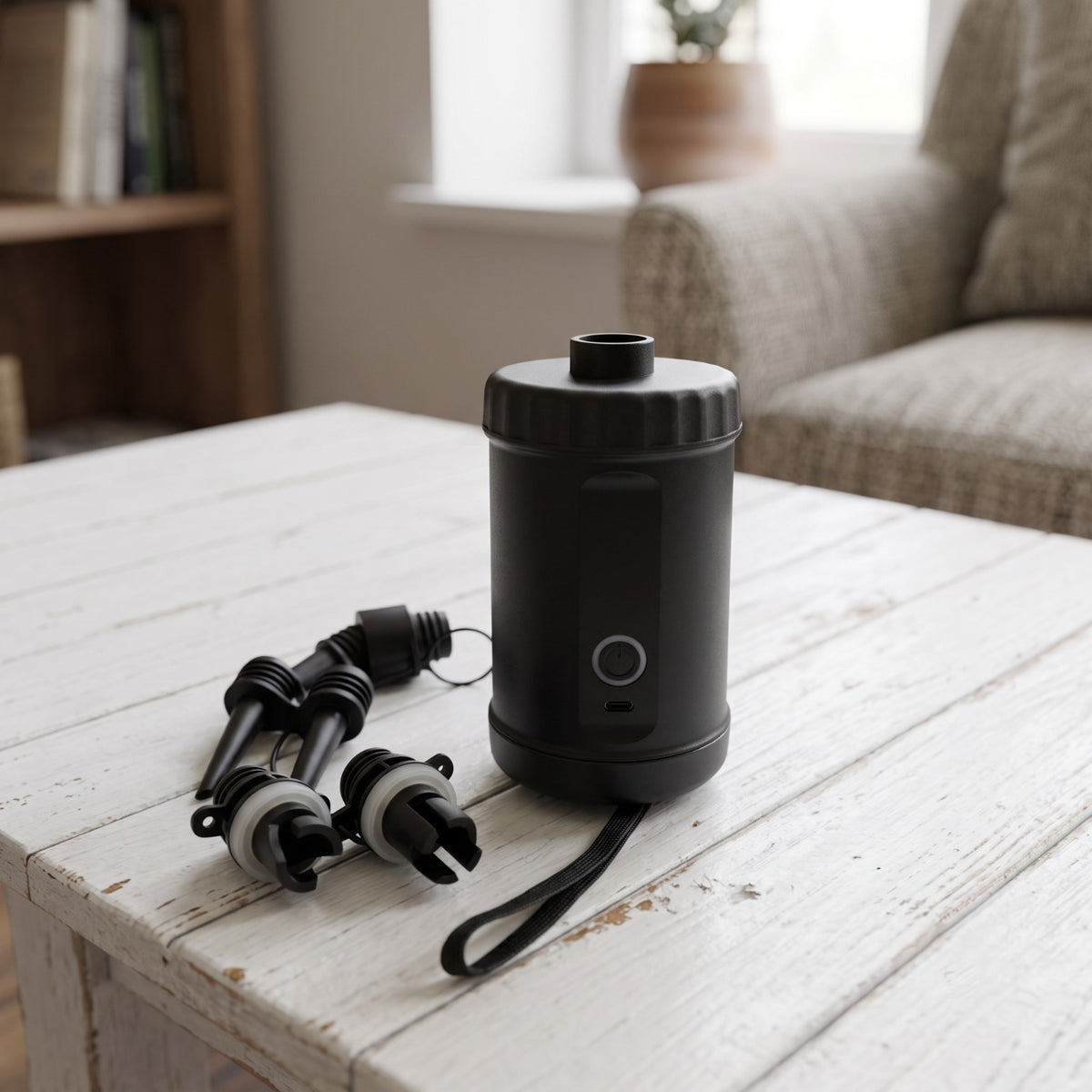 A black cylindrical Automatic Inflatable Air Pump with a wrist strap sits on a white wooden table in a living room setting, next to two black and gray nozzle attachments.