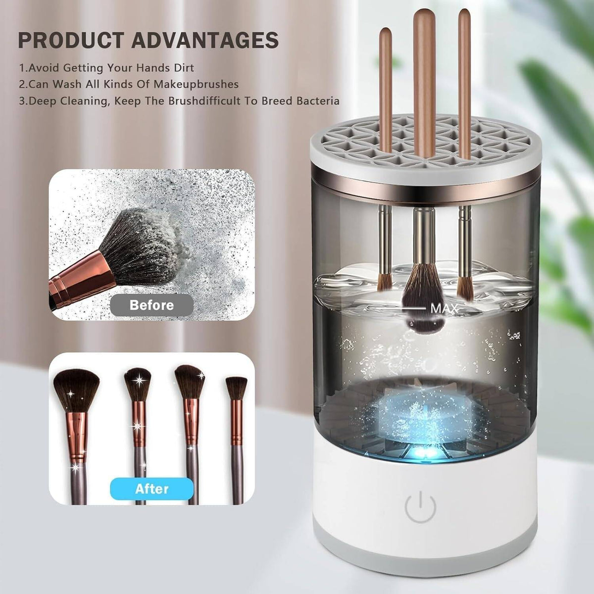 Makeup brush cleaning device with before and after images of brushes.