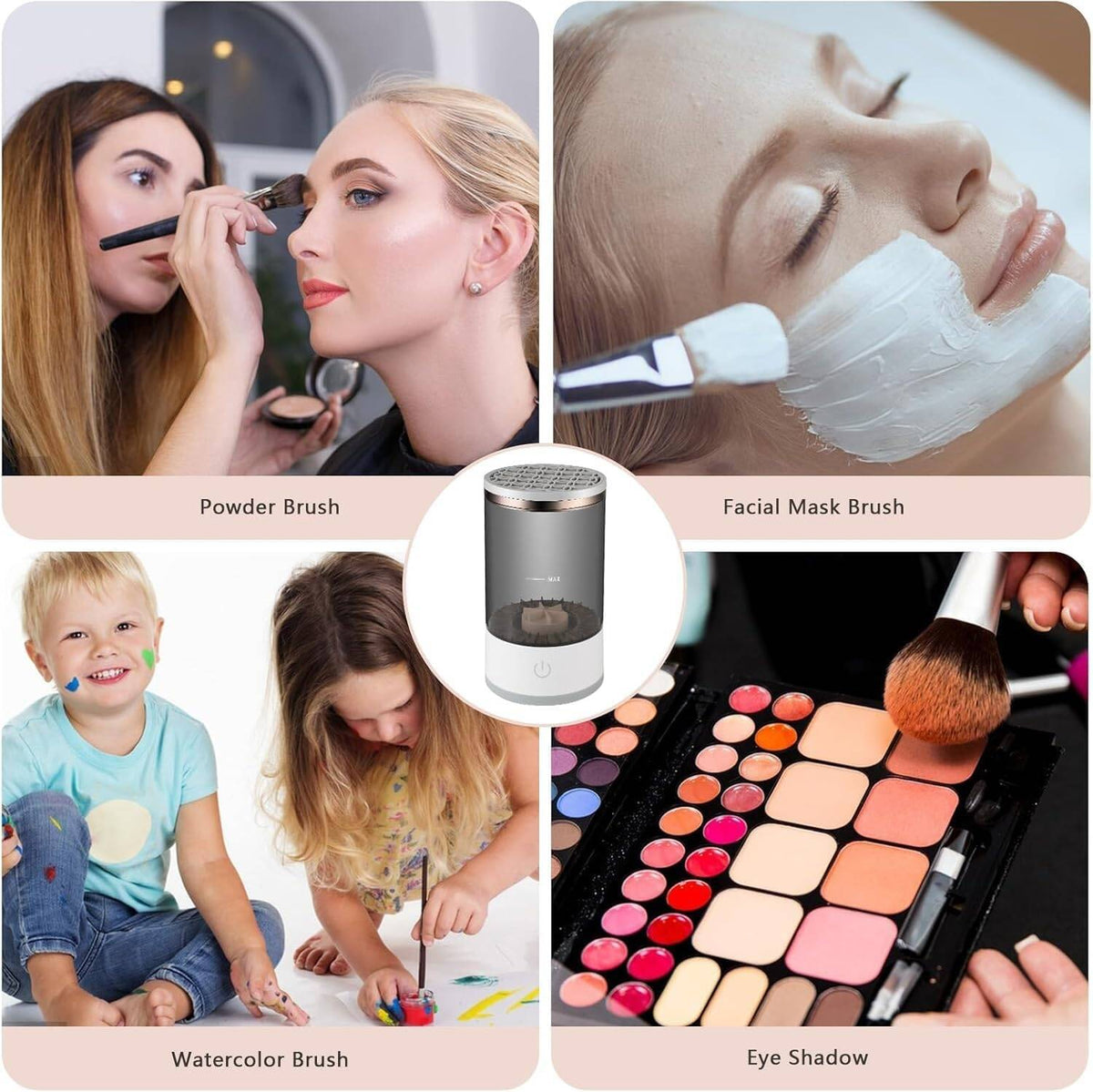Collage of makeup tools including powder brush, facial mask brush, watercolor brush, and eye shadow palette.