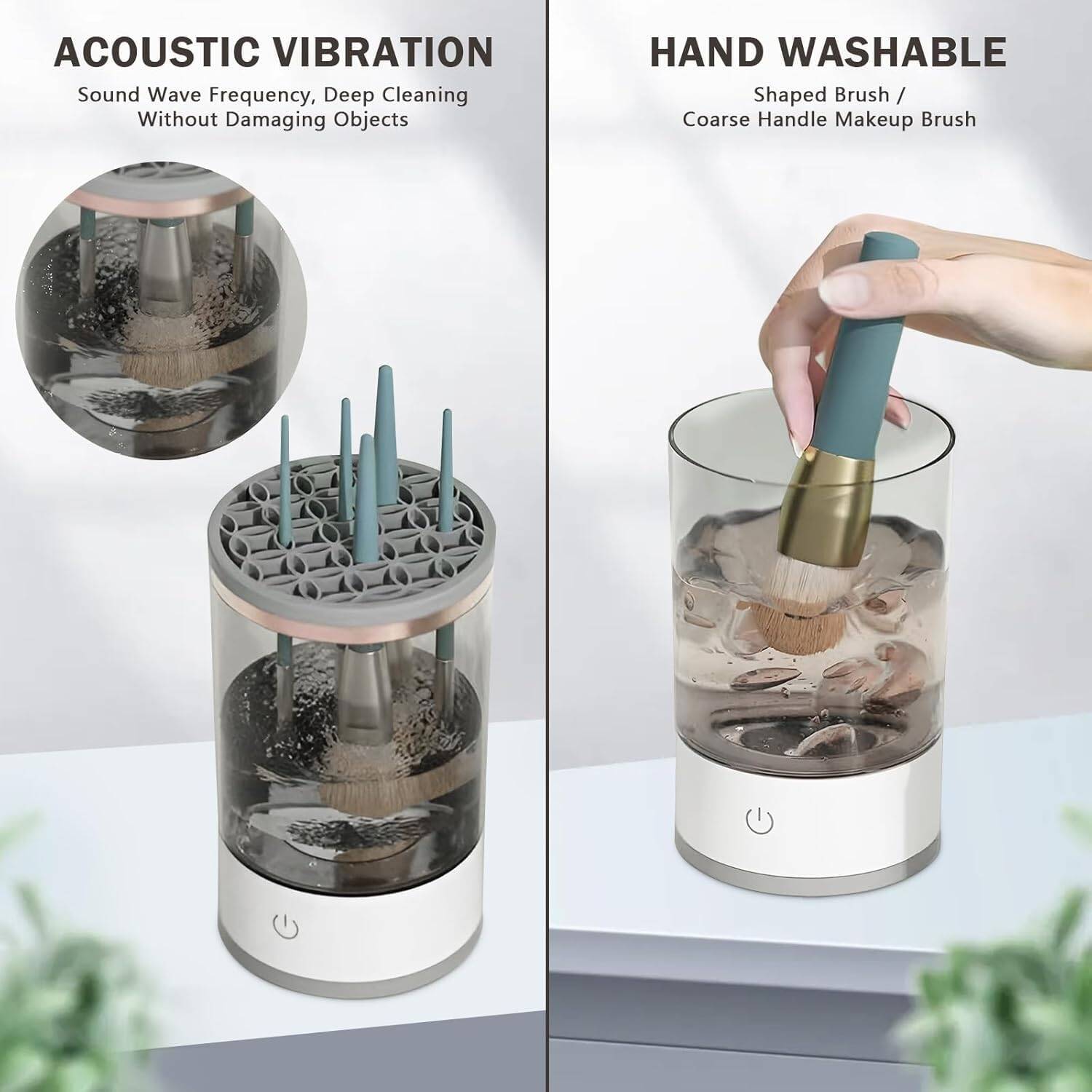 Automatic Makeup Brush Cleaner Machine with acoustic vibration feature and hand washable brush.