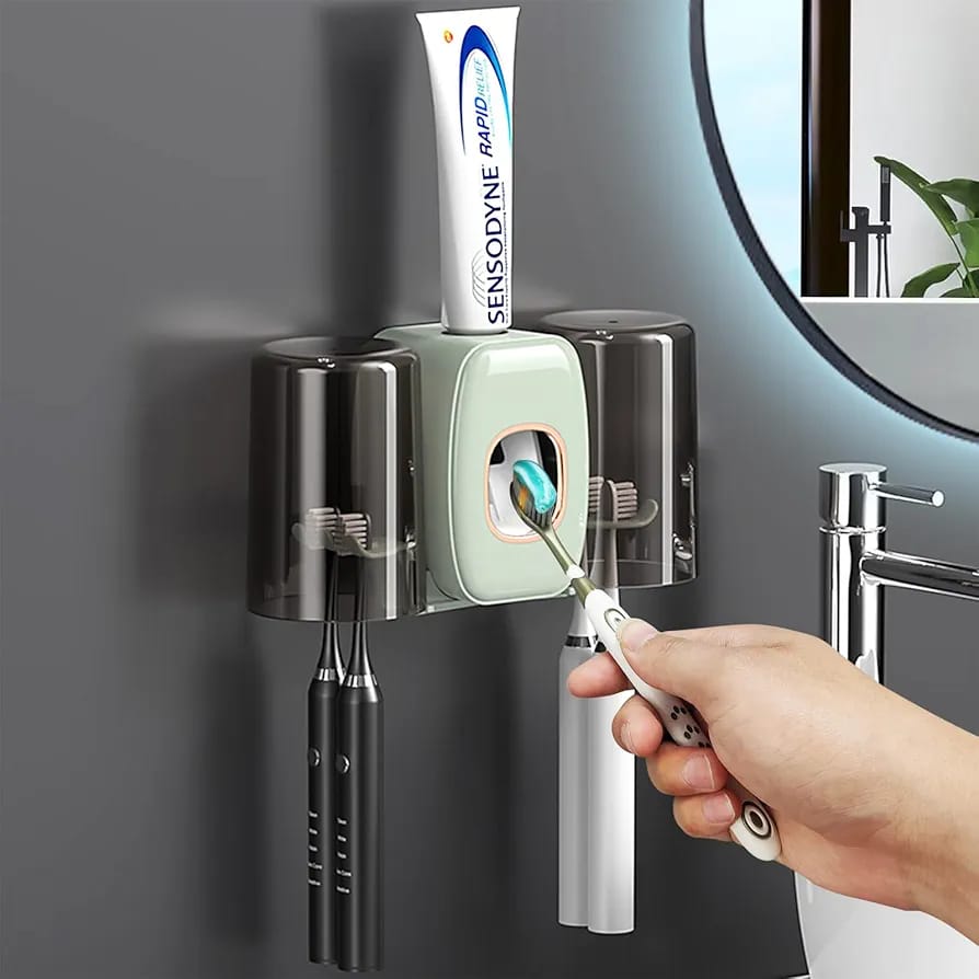 Automatic Toothpaste Dispenser, Two Cups Toothbrush Holder Stand Organizer Rack Automatic Toothpaste Dispenser, Two Cups Toothbrush Holder Stand Organizer Rack