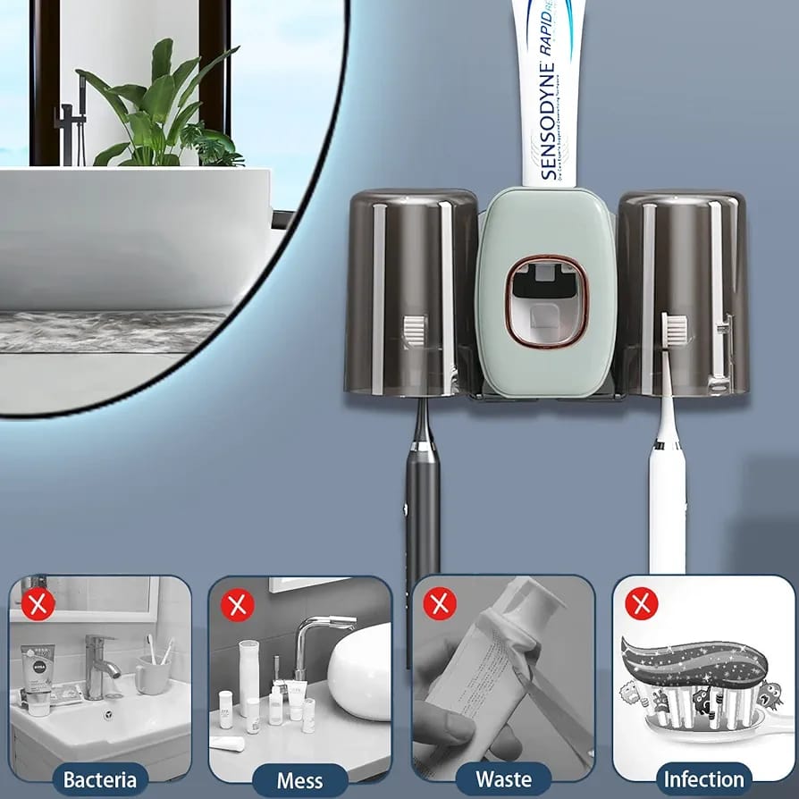 Automatic Toothpaste Dispenser Hanged On the Wall With Brushes and Toothpaste Are Placed On it.