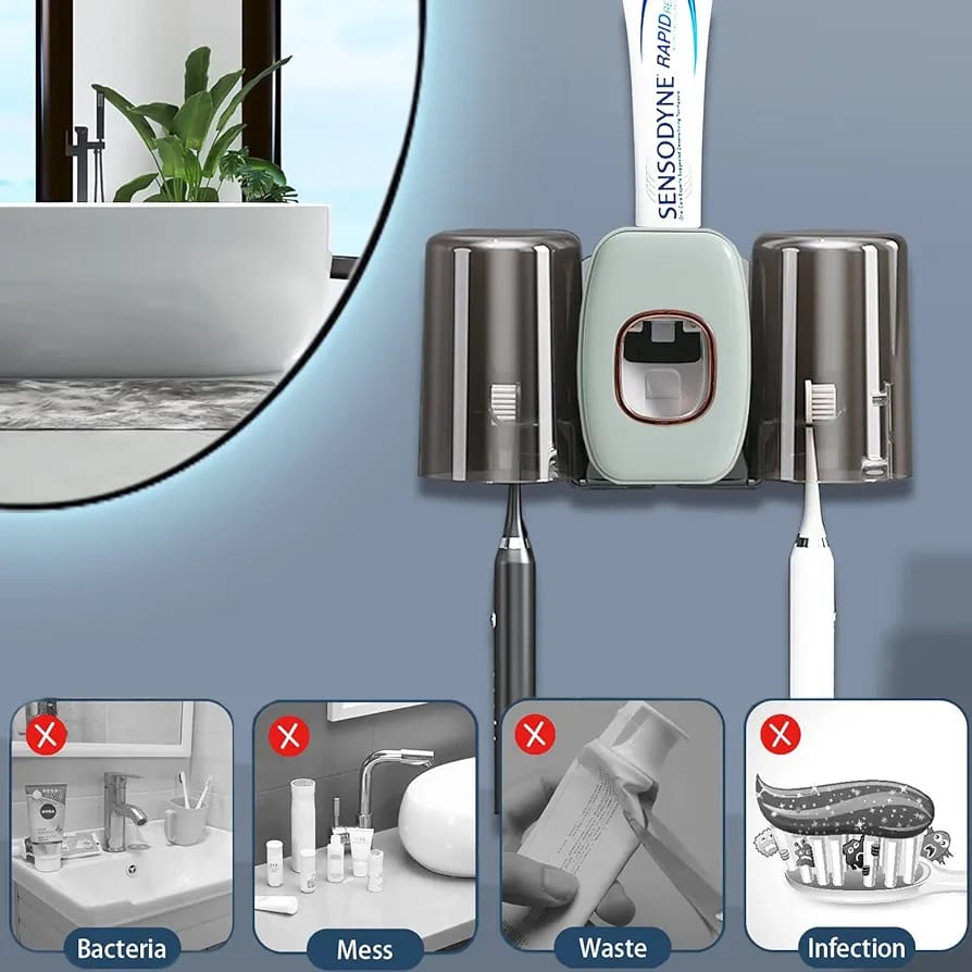 Automatic Toothpaste Dispenser, Two Cups Toothbrush Holder Stand Organizer Rack Automatic Toothpaste Dispenser, Two Cups Toothbrush Holder Stand Organizer Rack