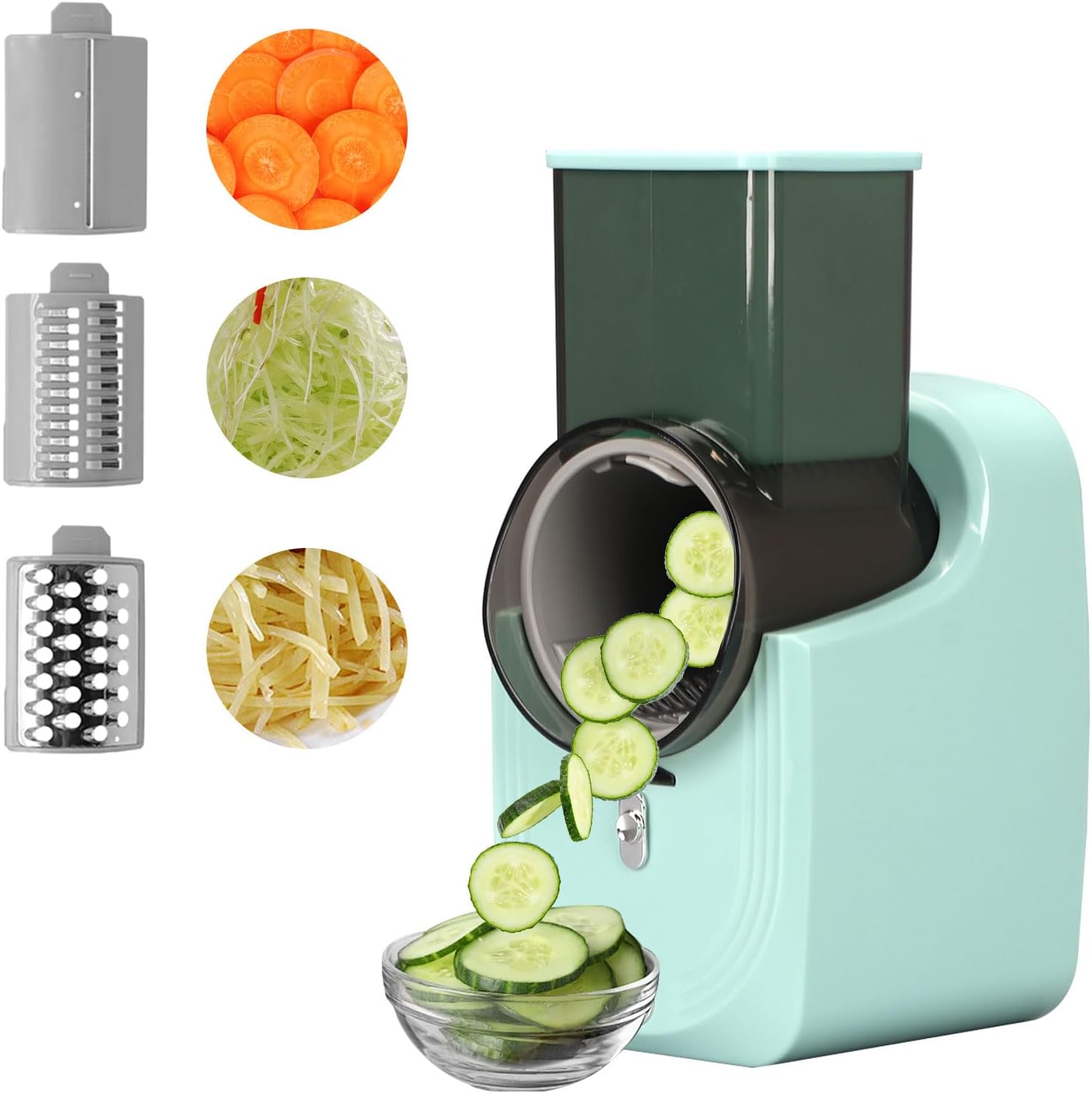 An Automatic Vegetable Cutter Chopper Machine Slicing Cucumber.