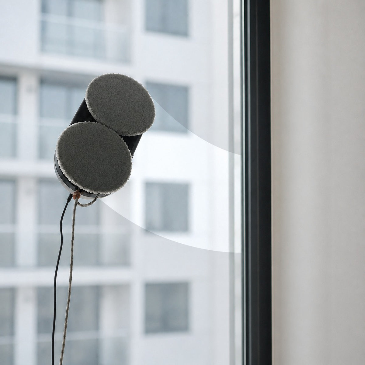 A pair of gray circular magnetic window speakers mounted on a glass window pane next to a white curtain, with a blurred building facade in the background.