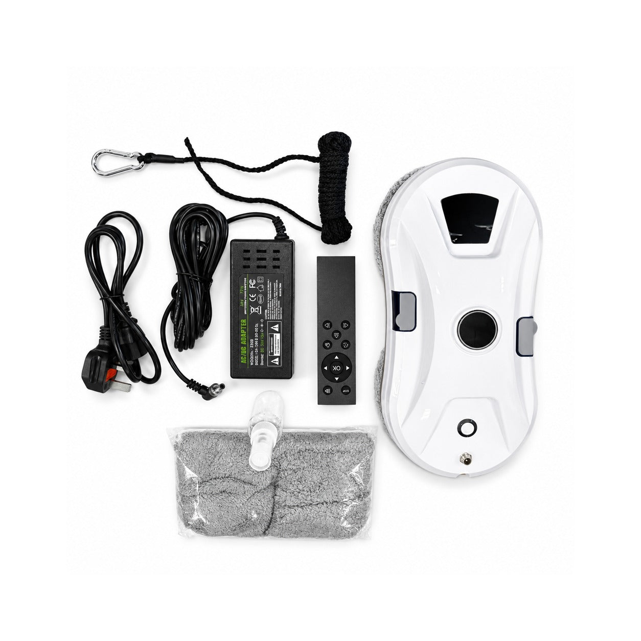 An Automatic Window Cleaning Robot kit laid out on a white background, including a main washer head, power adapter, remote control, cord, cleaning sponge, and a plastic-wrapped accessory.
