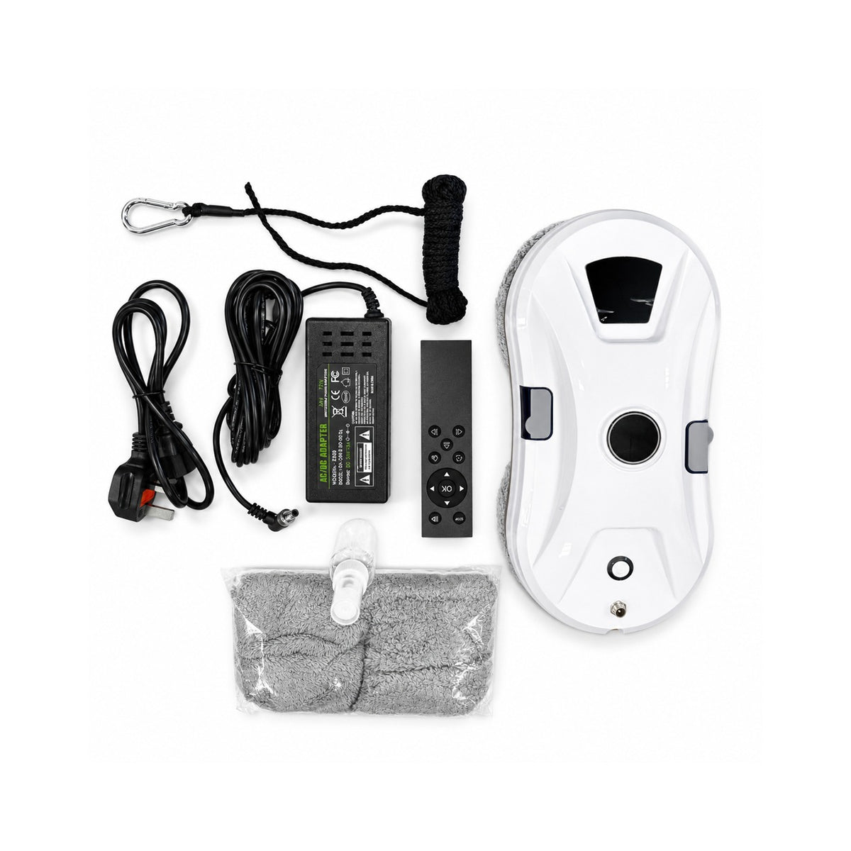 An Automatic Window Cleaning Robot kit laid out on a white background, including a main washer head, power adapter, remote control, cord, cleaning sponge, and a plastic-wrapped accessory.