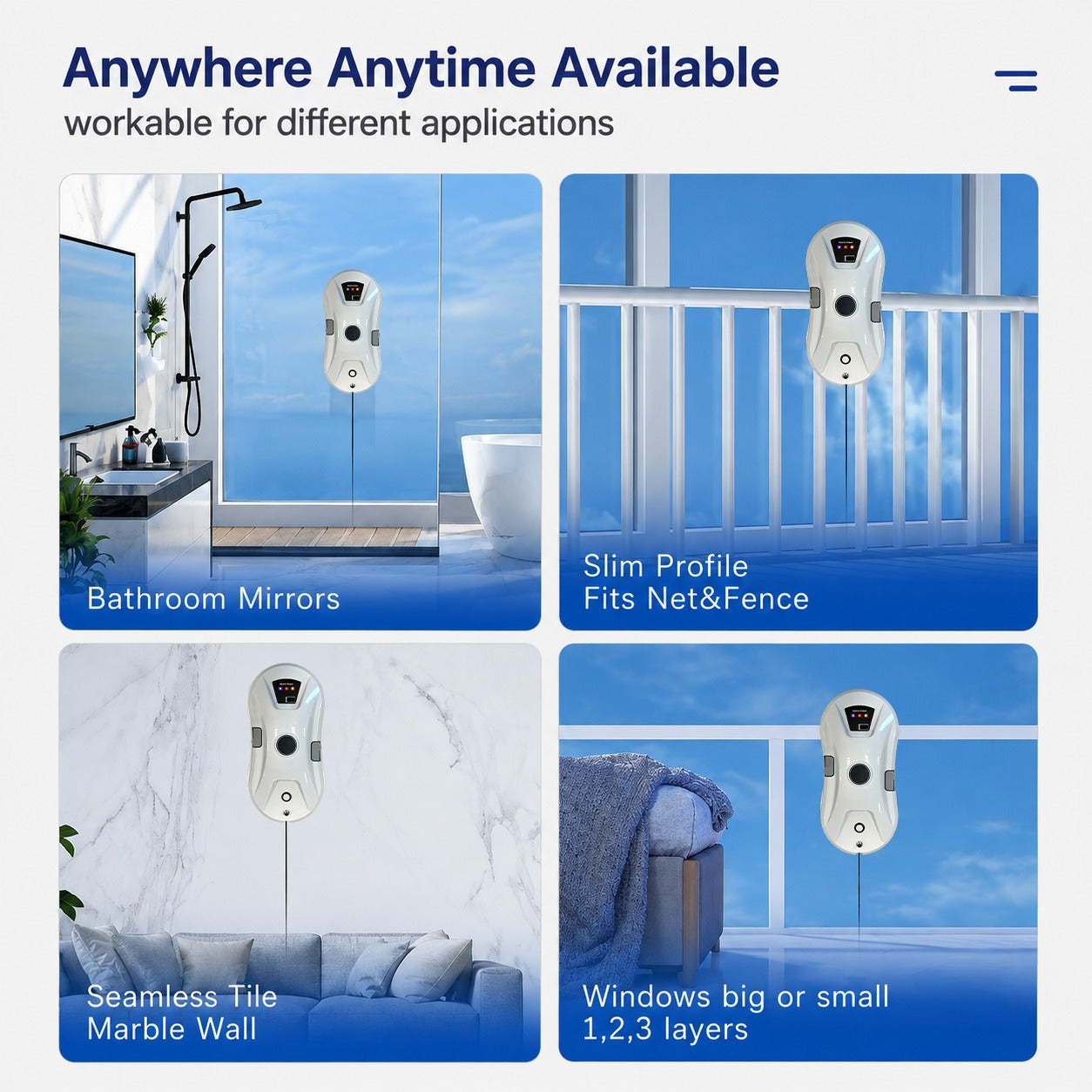 A promotional graphic showing a Automatic Window Cleaning Robot in four usage scenarios: bathroom mirrors, slim profile net/fence fitting, seamless tile marble wall, and windows of various sizes. 