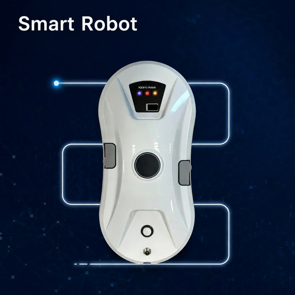 A white Automatic Window Cleaning Robot shown on a dark blue graphic background with glowing line illustrations and text reading 'Smart Robot.