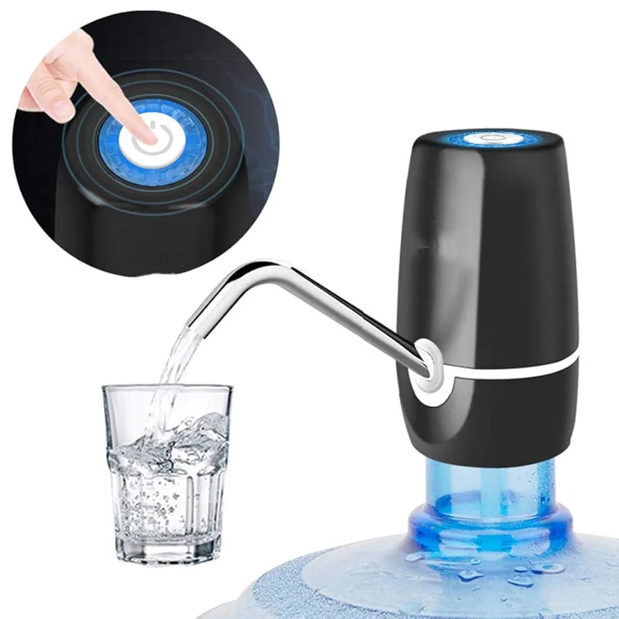 A Person is Pressing the Button Of Automatic Wireless Water Dispenser Pump and Water Gets Pumped.