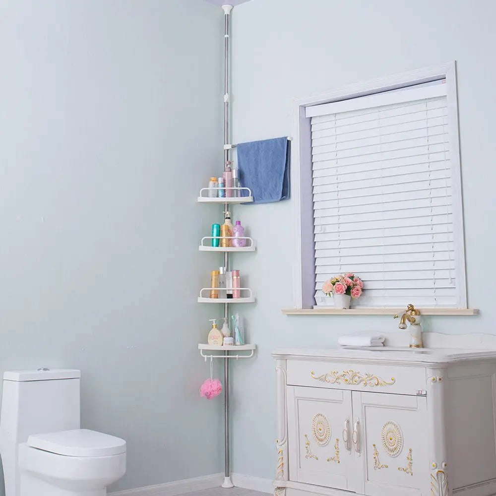 4-tier adjustable bathroom corner tower rack placed in the bathroom