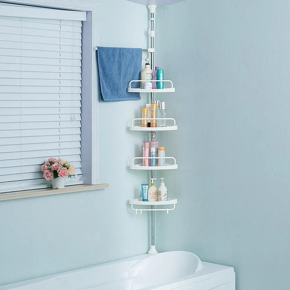 4 Tier Adjustable Bathroom Corner Tower Rack, Tension Pole Toiletries Storage Organizer Shelf