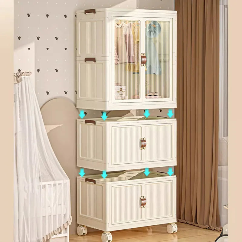 Portable folding storage cabinet with wheels placed on the floor in front of the wall