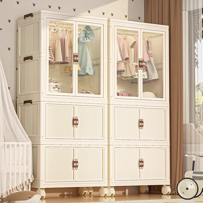 Portable folding storage cabinet with wheels placed on the floor in front of the wall