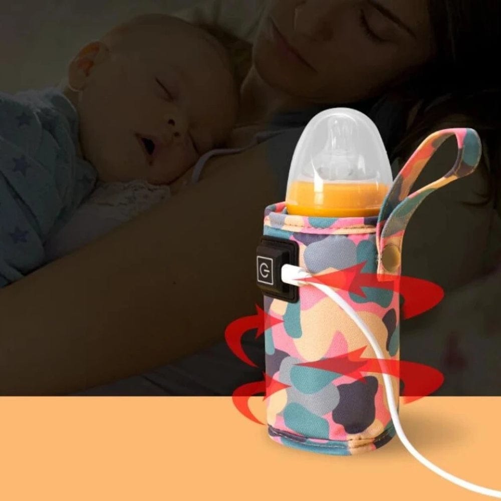 Baby Bottle Warmer is Connected to Charger and Baby Sleeps Peacefully On His Mothers Chest.