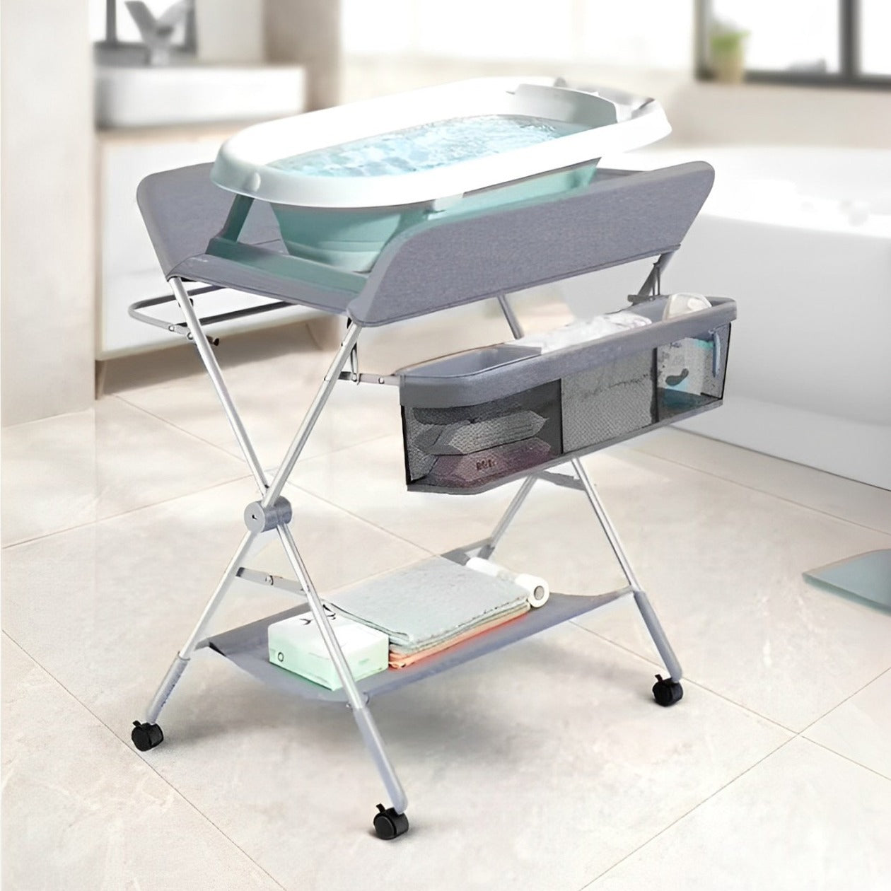 A Baby Diaper Changing Station with Baby Items are Organized On it.