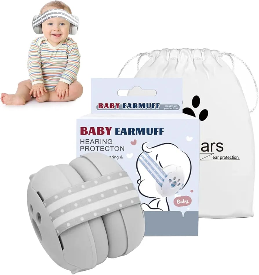 A Baby is Wearing Baby Ear Muffs and Package is Placed Nearby.