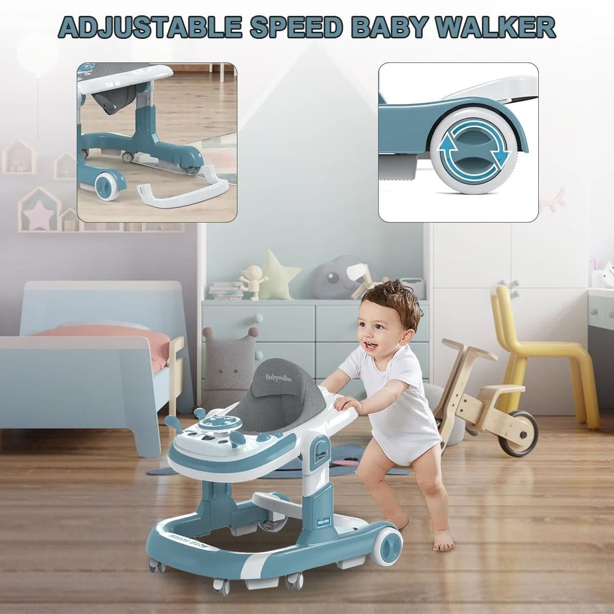 A Baby is Walking with the Help Of Baby Infant Walker with Push Handle.