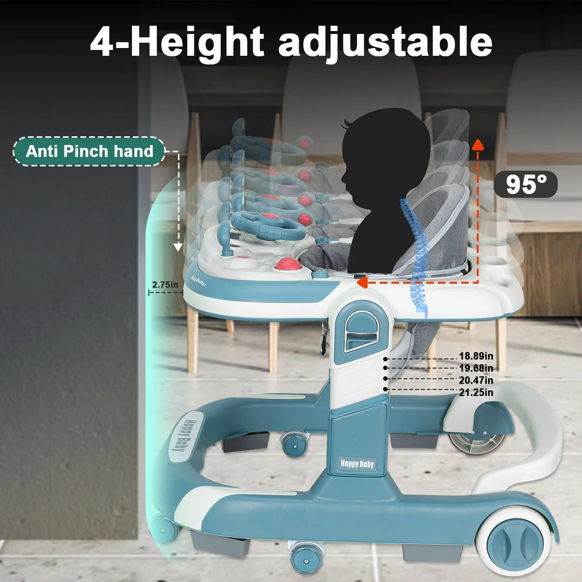 Height Adjustable Feature Of Baby Infant Walker with Push Handle.