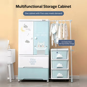 Baby Multi-Layer Drawer Type Wardrobe Shelf With Hanging Rack  Having Cloth On it.