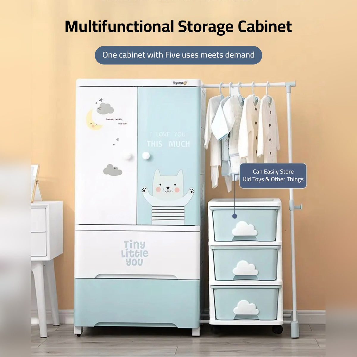 Baby Multi-Layer Drawer Type Wardrobe Shelf With Hanging Rack  Having Cloth On it.