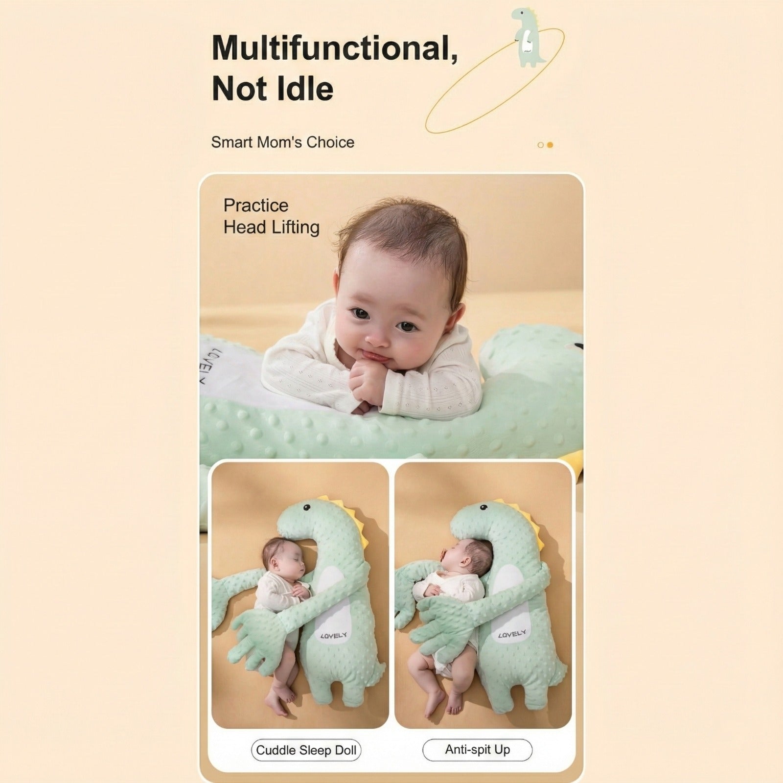 Baby sleeping comfortably in a Baby Patter cushion that cuddles and soothes with gentle arms.