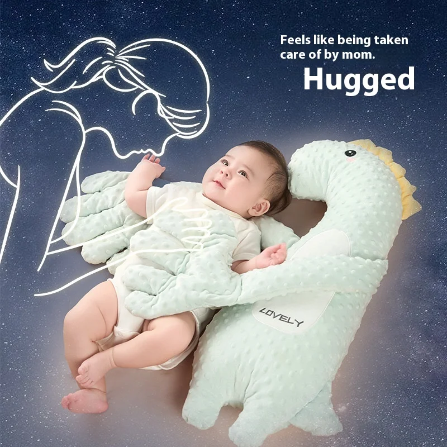 Baby sleeping comfortably in a Baby Patter cushion that cuddles and soothes with gentle arms.