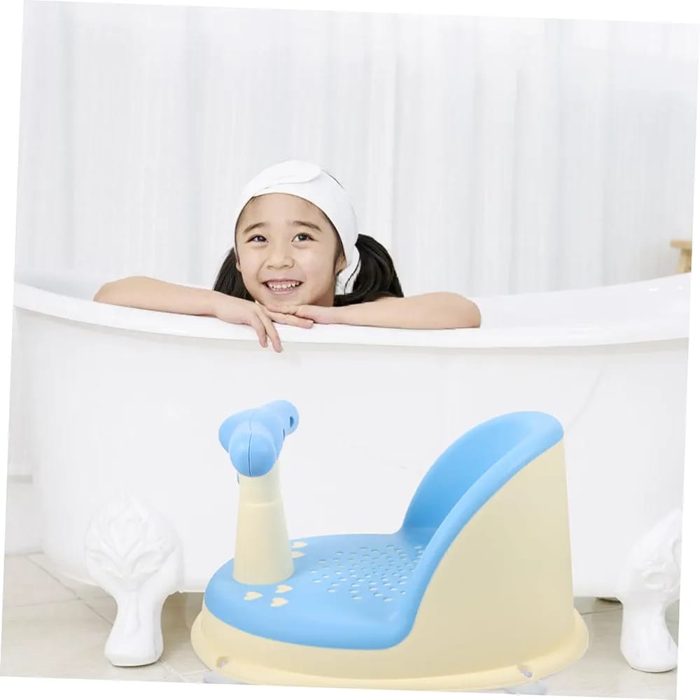 A Baby Girl in a Bathtub Where Baby Shower Chair is Placed Beside it.