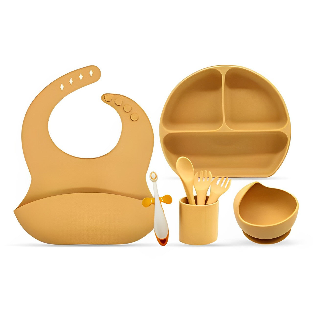 Baby Silicone Cutlery Set Contains Cup Bowl Bib Plate Spoon Brush.