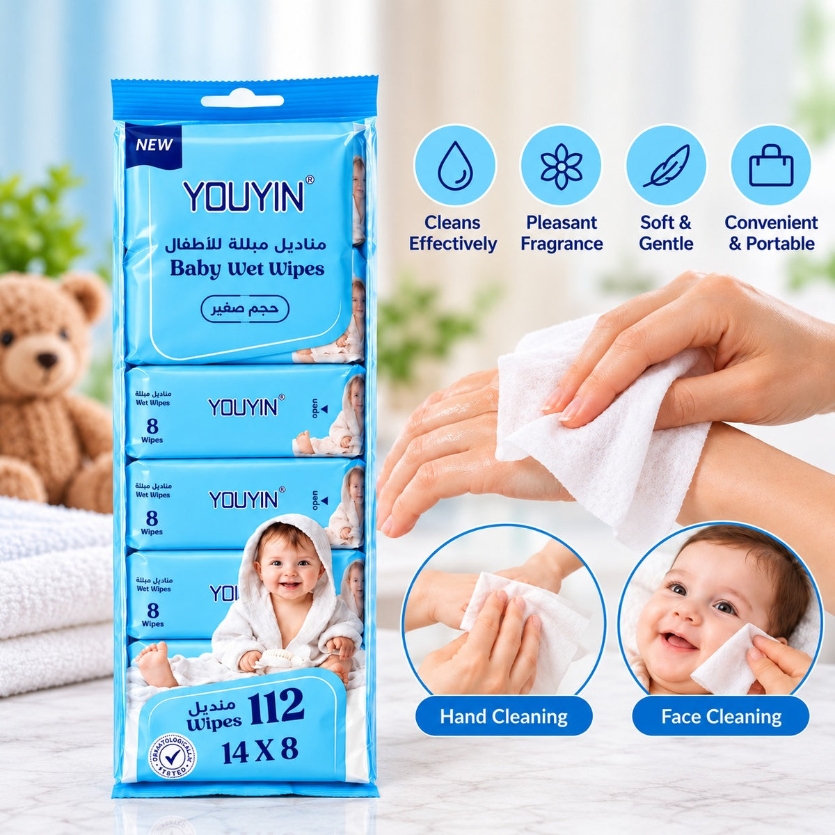 Pack of Baby Wet Wipes and its demonstrations and features are shown on the side of the image.