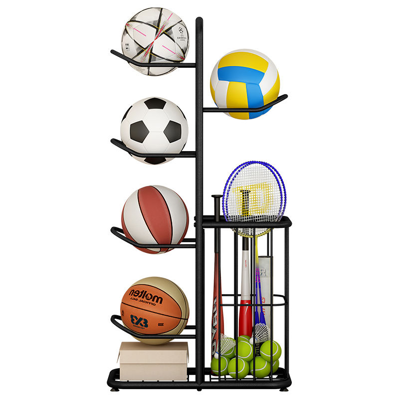 Ball Storage Rack With Balls and Bats.
