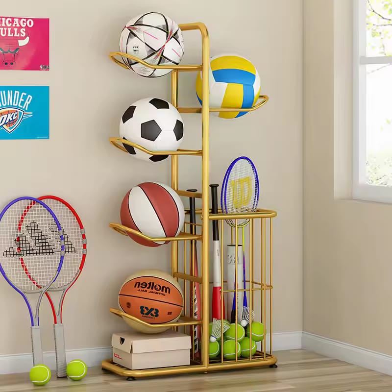 A Ball Storage Rack With Different Types Of Balls and Bats.