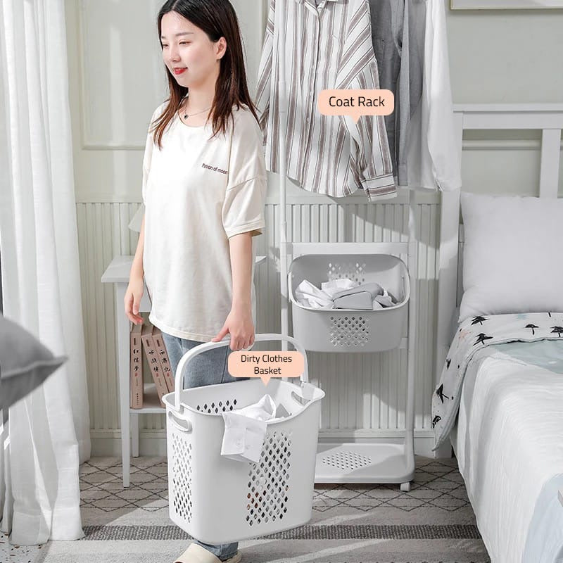 Laundry Storage Basket With Hanger, 2 Layer Laundry Hamper with Wheels and Cloth Stand Laundry Storage Basket With Hanger, 2 Layer Laundry Hamper with Wheels and Cloth Stand