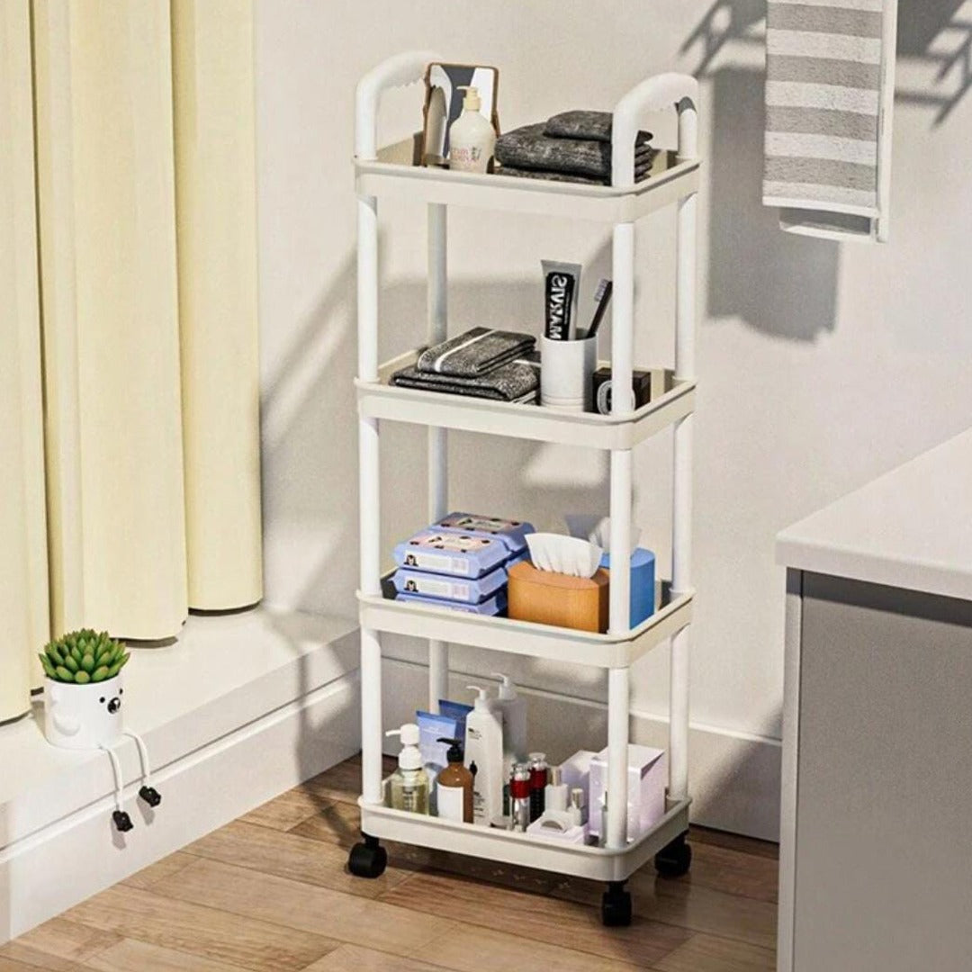 Bathroom Organizer Stand With Toiletry Items Are Placed At the Corner Of Bathroom.