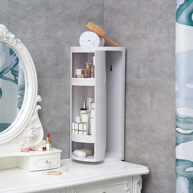 360° Rotating Bathroom Corner Storage Shelf placed in the bathroom with some items