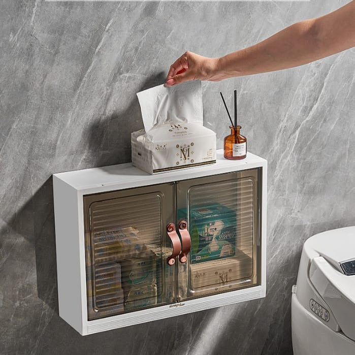 A Person Takes Tissue Which is Placed Above Cabinet Wall Mounted Shelf.