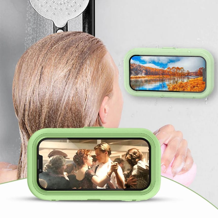 A Women is Placed Bathroom Waterproof Mobile Phone Holder On the Wall While Showering.