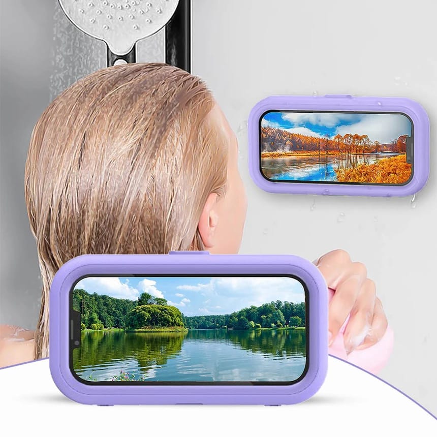 A Women is Placed Bathroom Waterproof Mobile Phone Holder On the Wall While Showering.