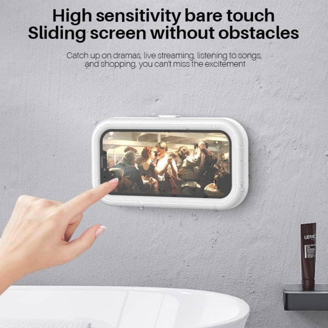 A Person is Touching The Screen of Mobile Phone Which is Placed in A Bathroom Waterproof Mobile Phone Holder.