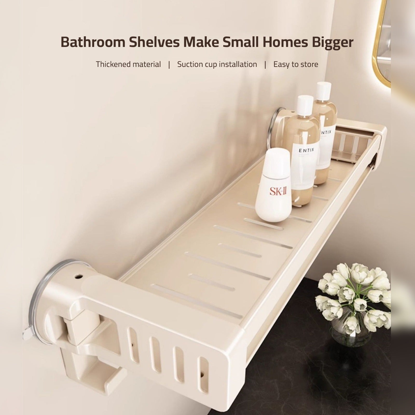  A Bathroom shelf rack is Attached to the Wall Of Bathroom Area Organized with Shower Items.
