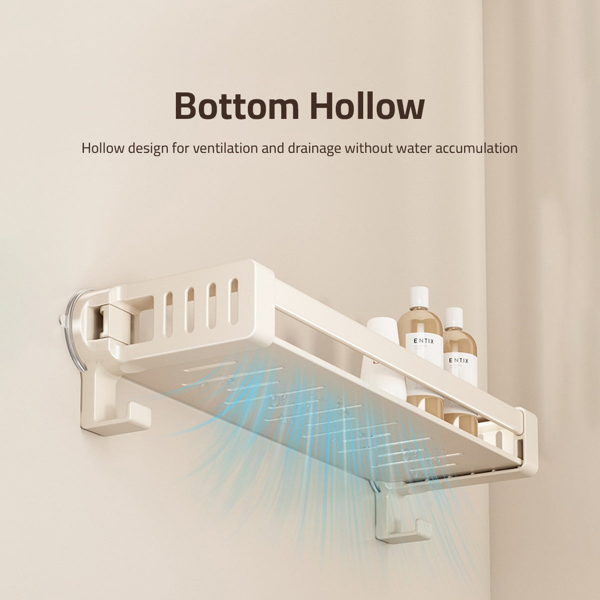 A Bathroom shelf rack is Attached to the Wall Of Bathroom Area Organized with Shower Items.