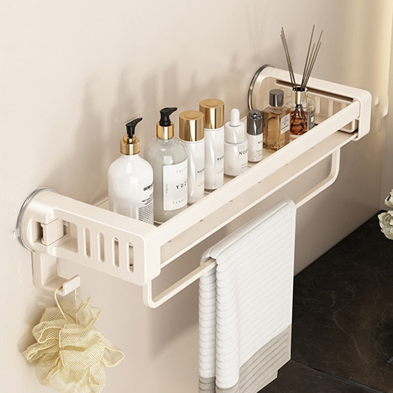 A Bathroom shelf rack Organized with Shower Items.