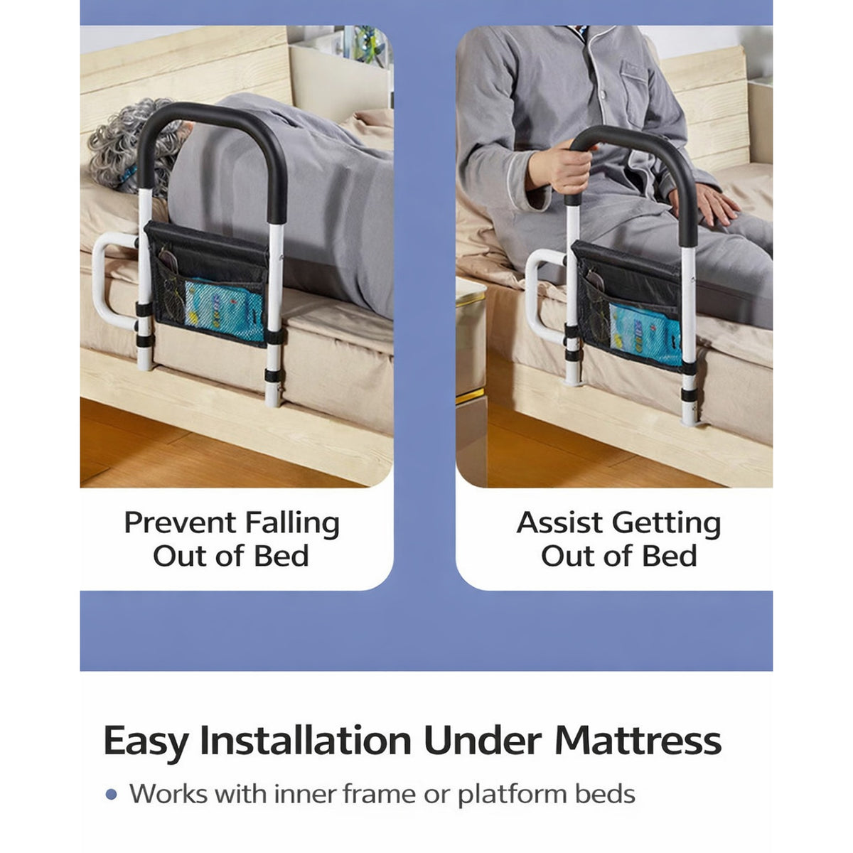 A Person is Sleeping and Sitting on a bed with theaid of Bed Assist Rail with Safety Handle.