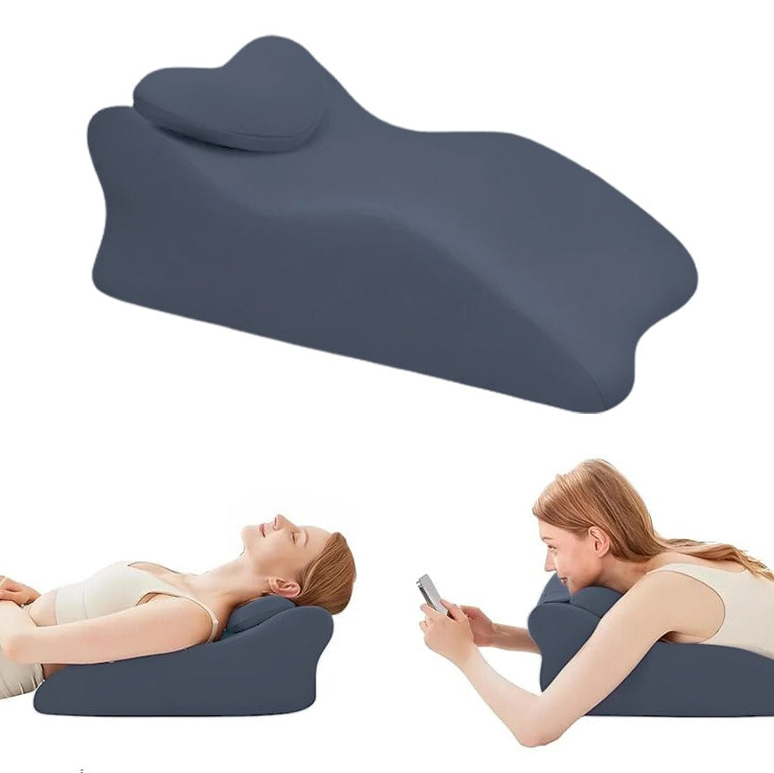 A Women is Lying in Different Positions On a Bed Backrest Pillow.