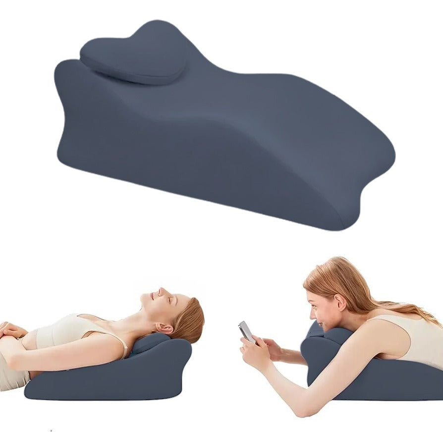 A Women is Lying in Different Positions On a Bed Backrest Pillow.