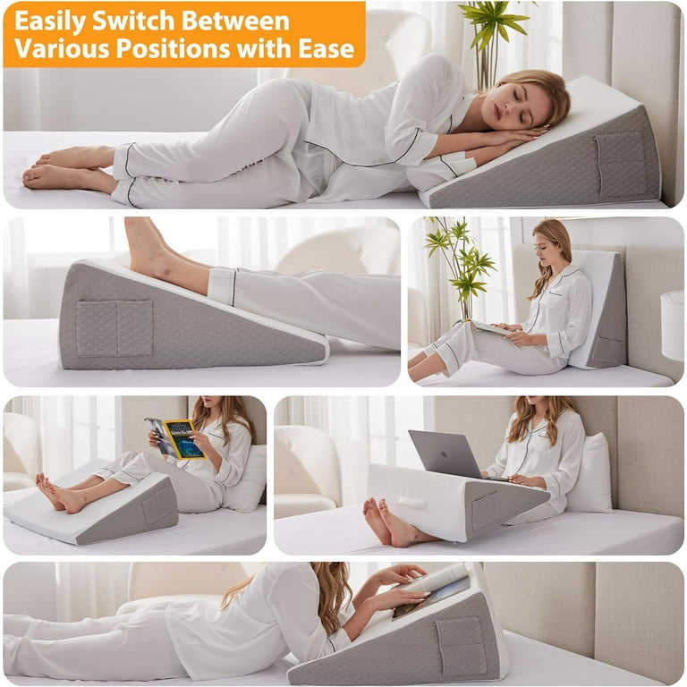 A woman is resting on a bed wedge pillow in various positions.