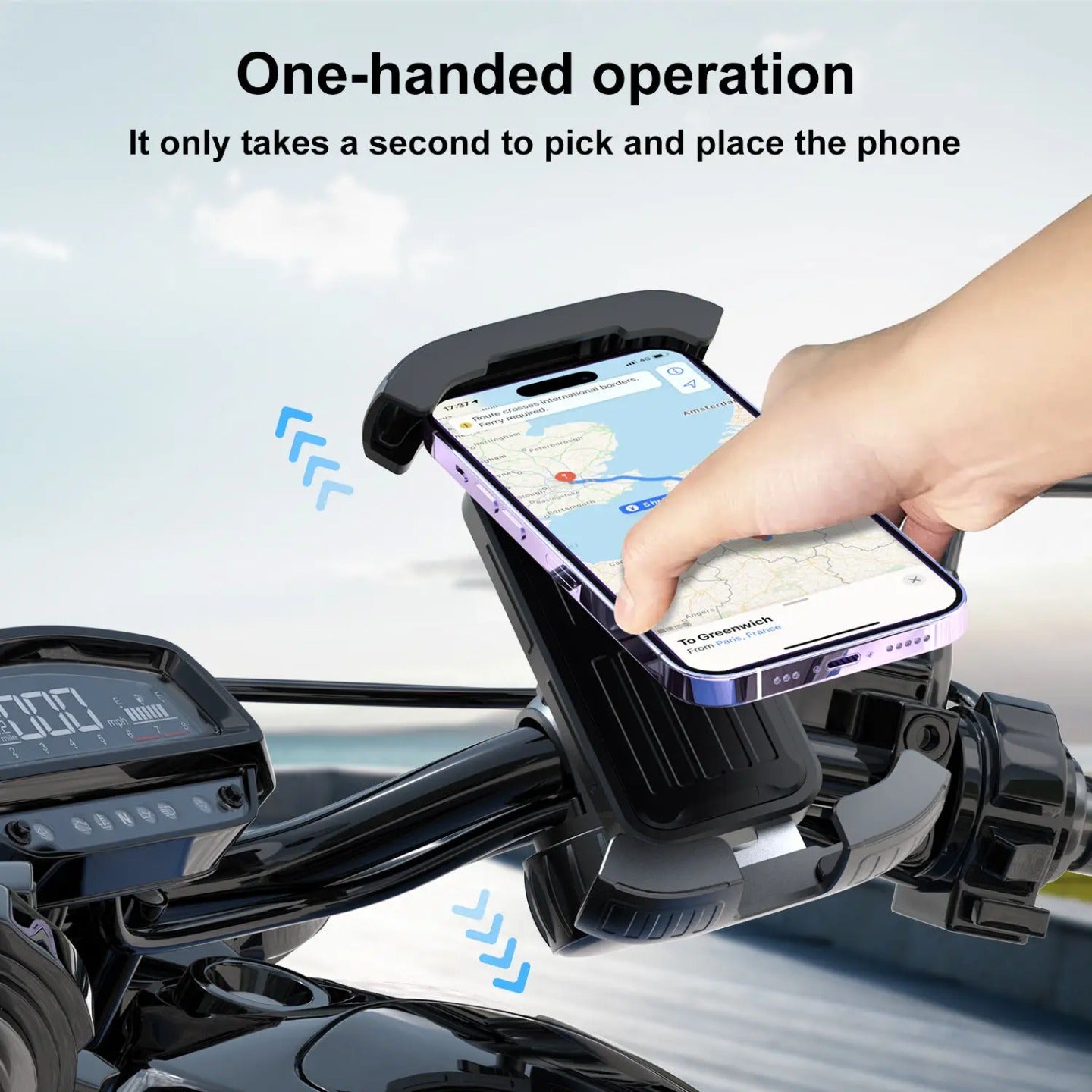 A Person is Placing Phone On Bike Mobile Phone Holder Fixed on Motorcycle.